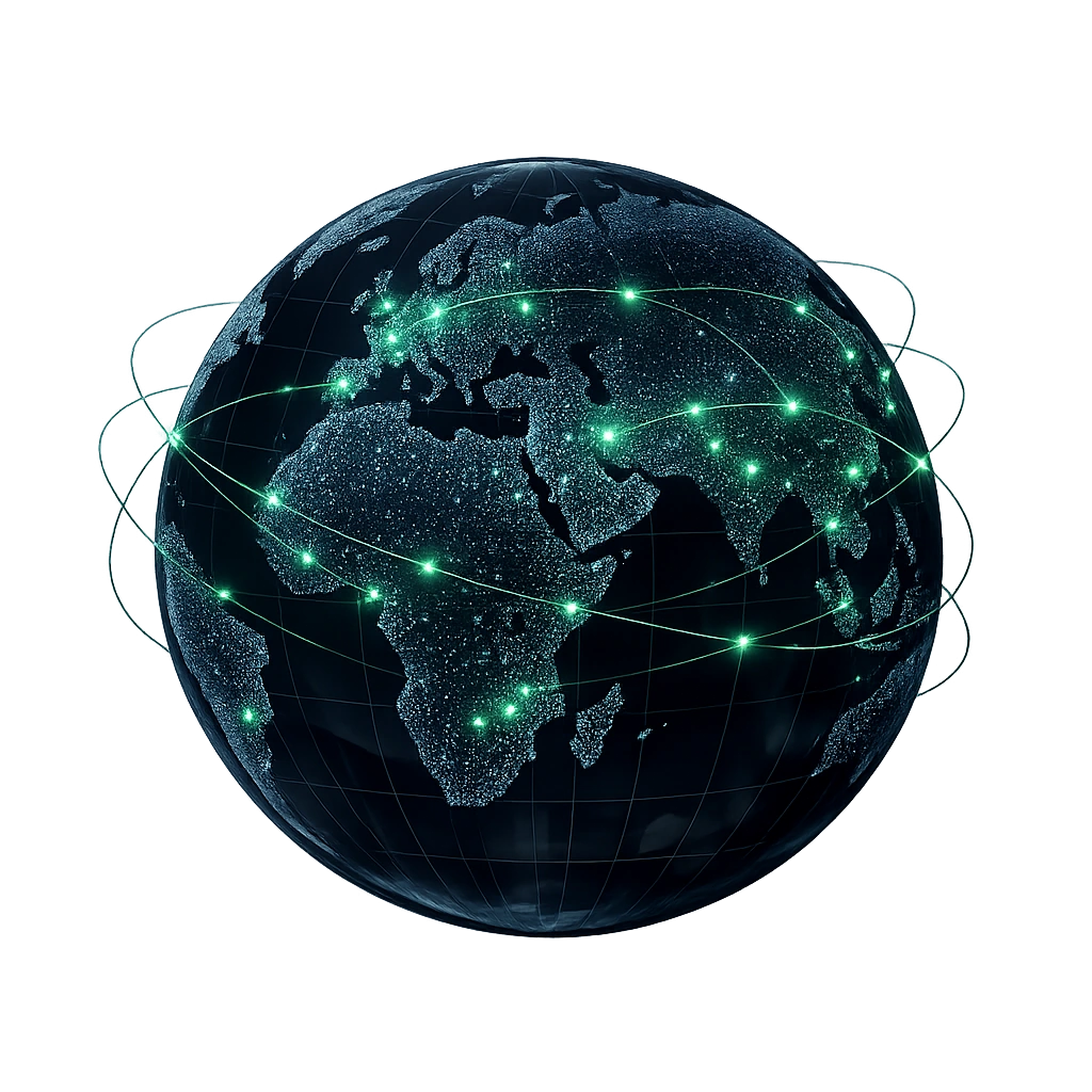 Semi-transparent global network with green city nodes and connection arcs